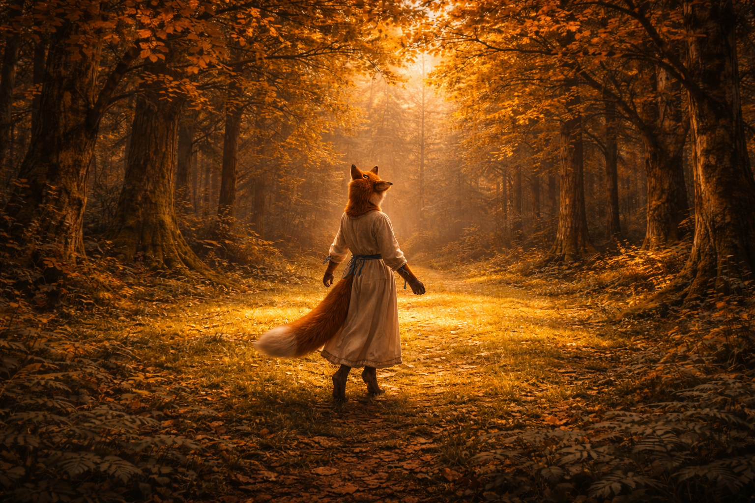 Foxyana in a sunlit autumn forest glade — a clearing that feels watched